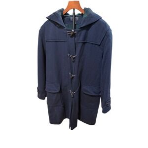 Vtg 80s Charter Club Classic Navy Wool Duffle Coat Tartan Lining USA Made 14
